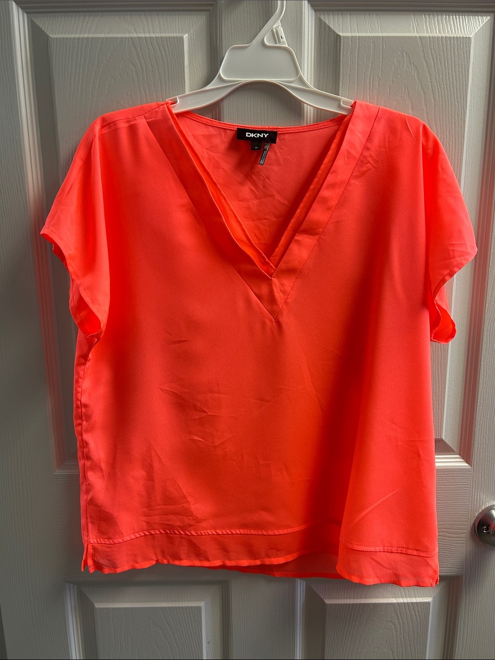 DKNY Neon Coral V-Neck Short Sleeve Blouse